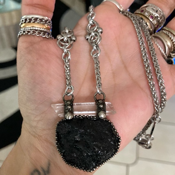 Natural black tourmaline & clear crystal quartz charm boho goth maille necklace - Picture 8 of 13